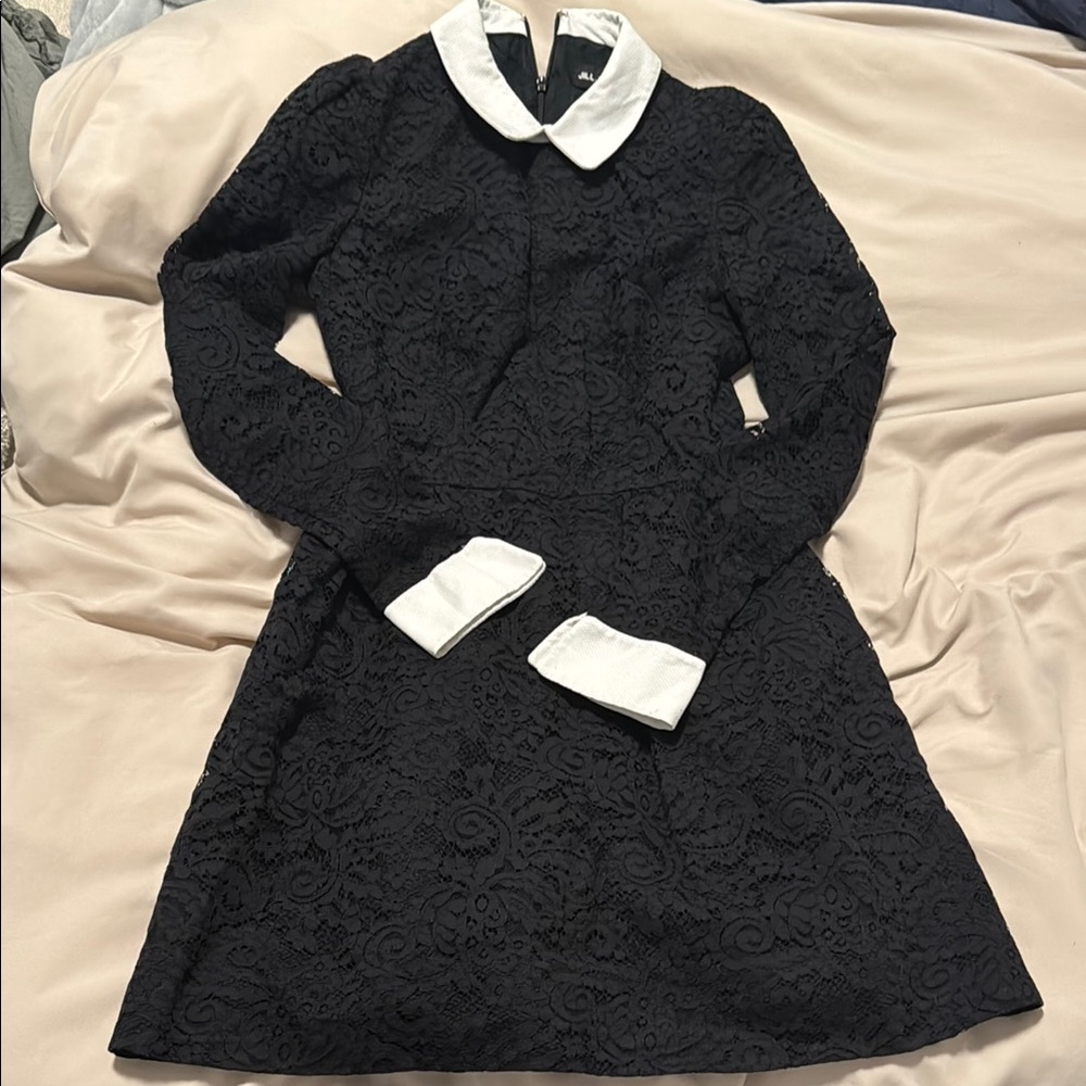 Elegant Black Lace Dress with White Collar
